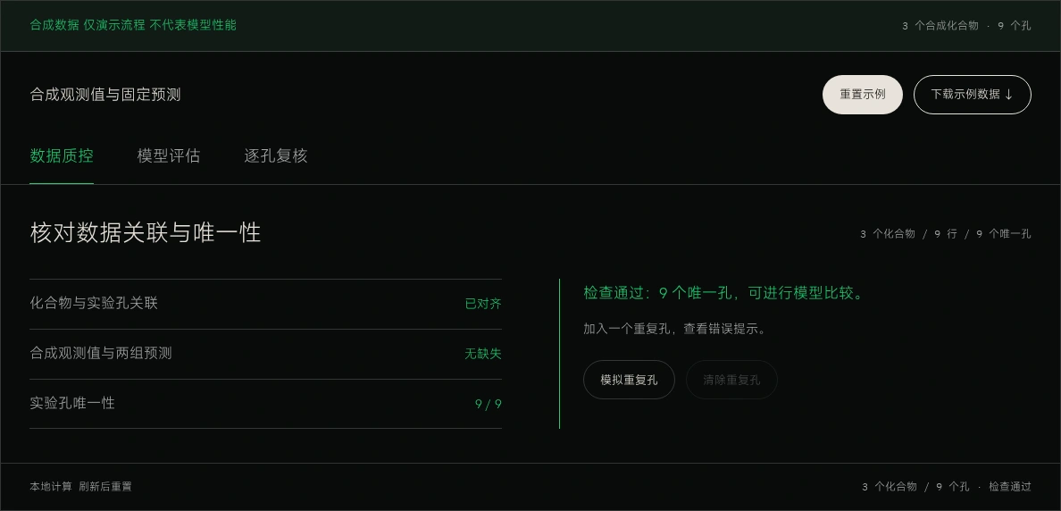 合成数据检查界面：对应关系、缺失与唯一孔检查
